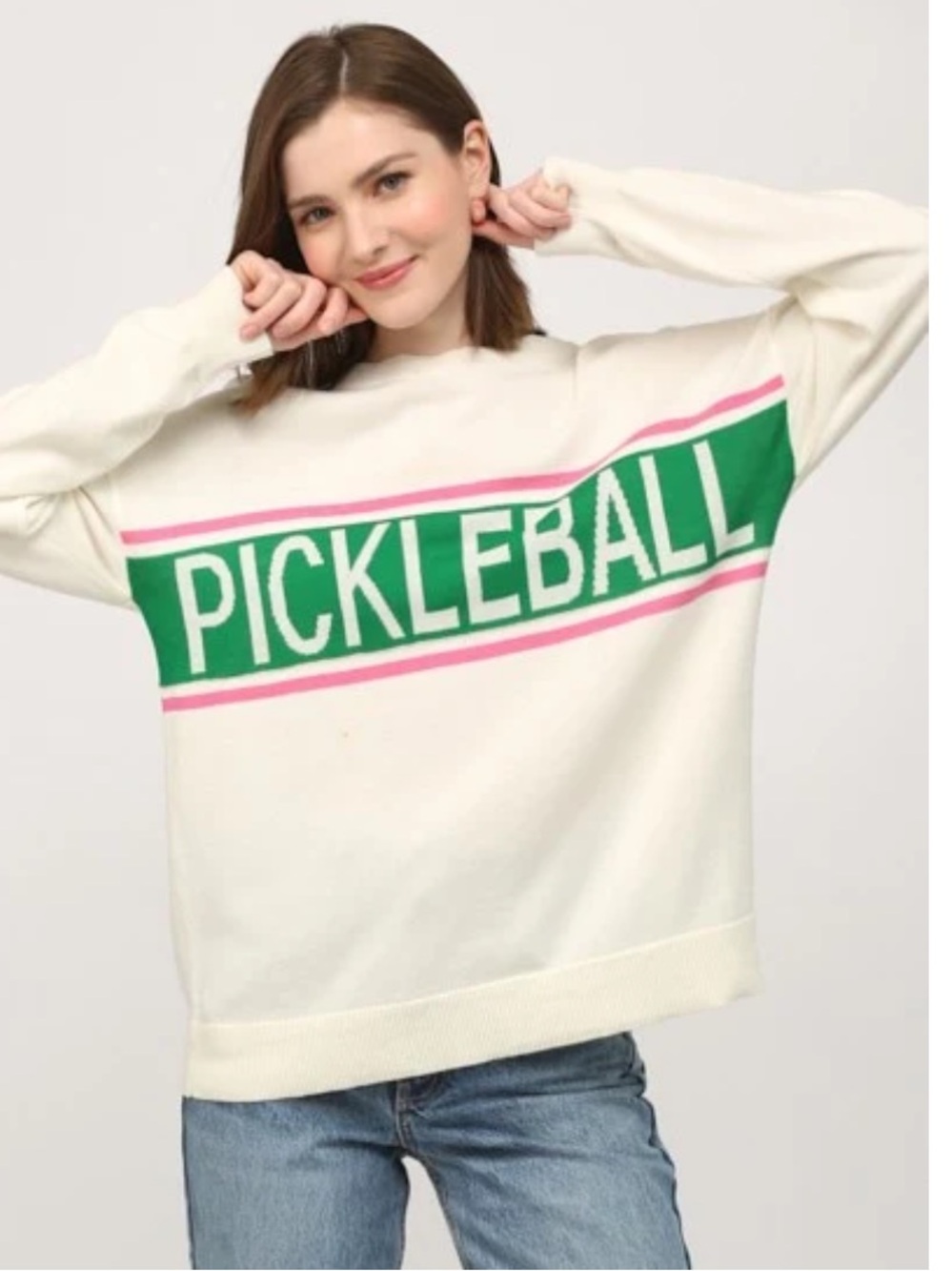 Fate Cream Crewneck Sweater with Green PICKLEBALL Graphic and Pink Trim
